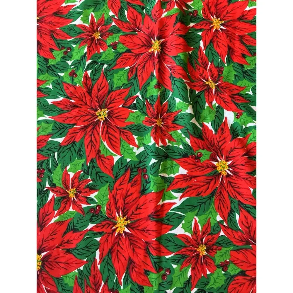 VTG Christmas Holiday Fabric 3 yds Red Poinsettia Berries Holly Green Yellow